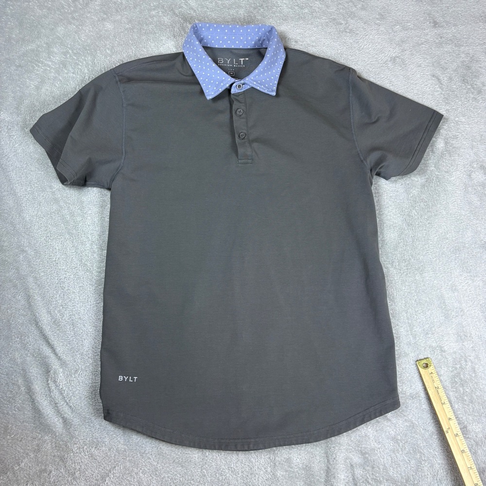 BYLT Polo Mens M Lux Short Sleeve Contrast Polka Dot‎ Collar Grey Stretch Casual